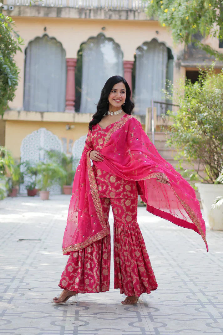 WEDDING SPECIAL VISCOSE GEORGETTE JACQUARD GHARARA SET WITH DUPATTAPFAB1120) (01)