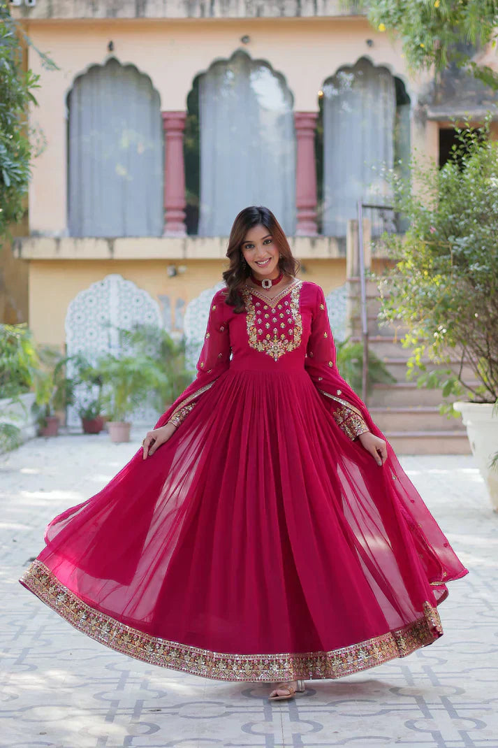 WEDDING SPECIAL BLOOMING GEORGETTE RICH SEQUANCE EMBROIDERED GOWN WITH DUPATTAPFAB1 (01)