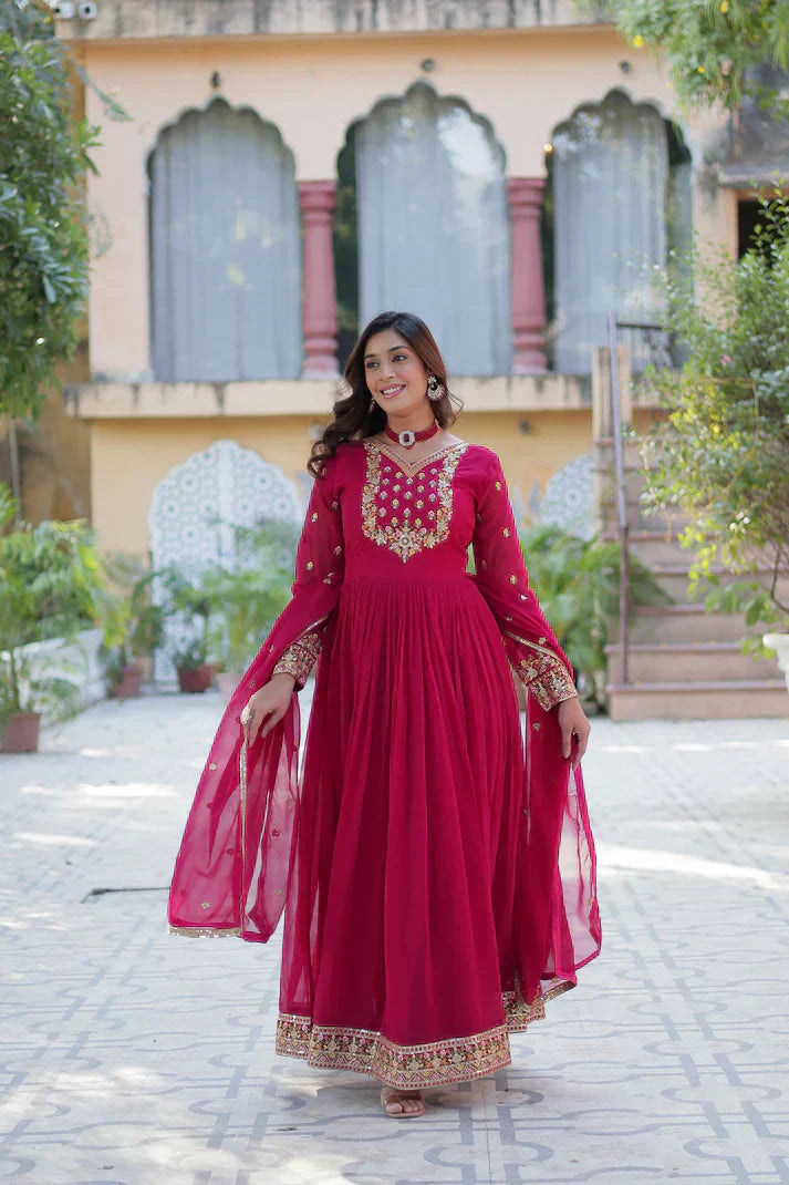 WEDDING SPECIAL BLOOMING GEORGETTE RICH SEQUANCE EMBROIDERED GOWN WITH DUPATTAPFAB1 (01)