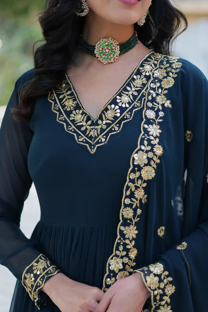 WEDDING SPECIAL FAUX BLOOMING GEORGETTE EMBROIDERED GOWN WITH DUPATTAPFAB1112)