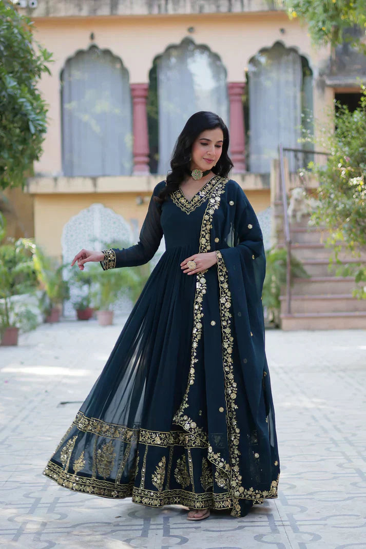WEDDING SPECIAL FAUX BLOOMING GEORGETTE EMBROIDERED GOWN WITH DUPATTAPFAB1112)