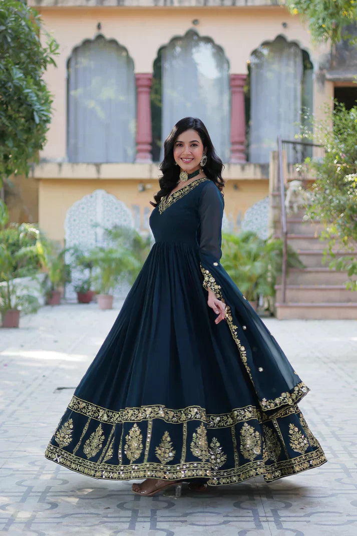 WEDDING SPECIAL FAUX BLOOMING GEORGETTE EMBROIDERED GOWN WITH DUPATTAPFAB1112)