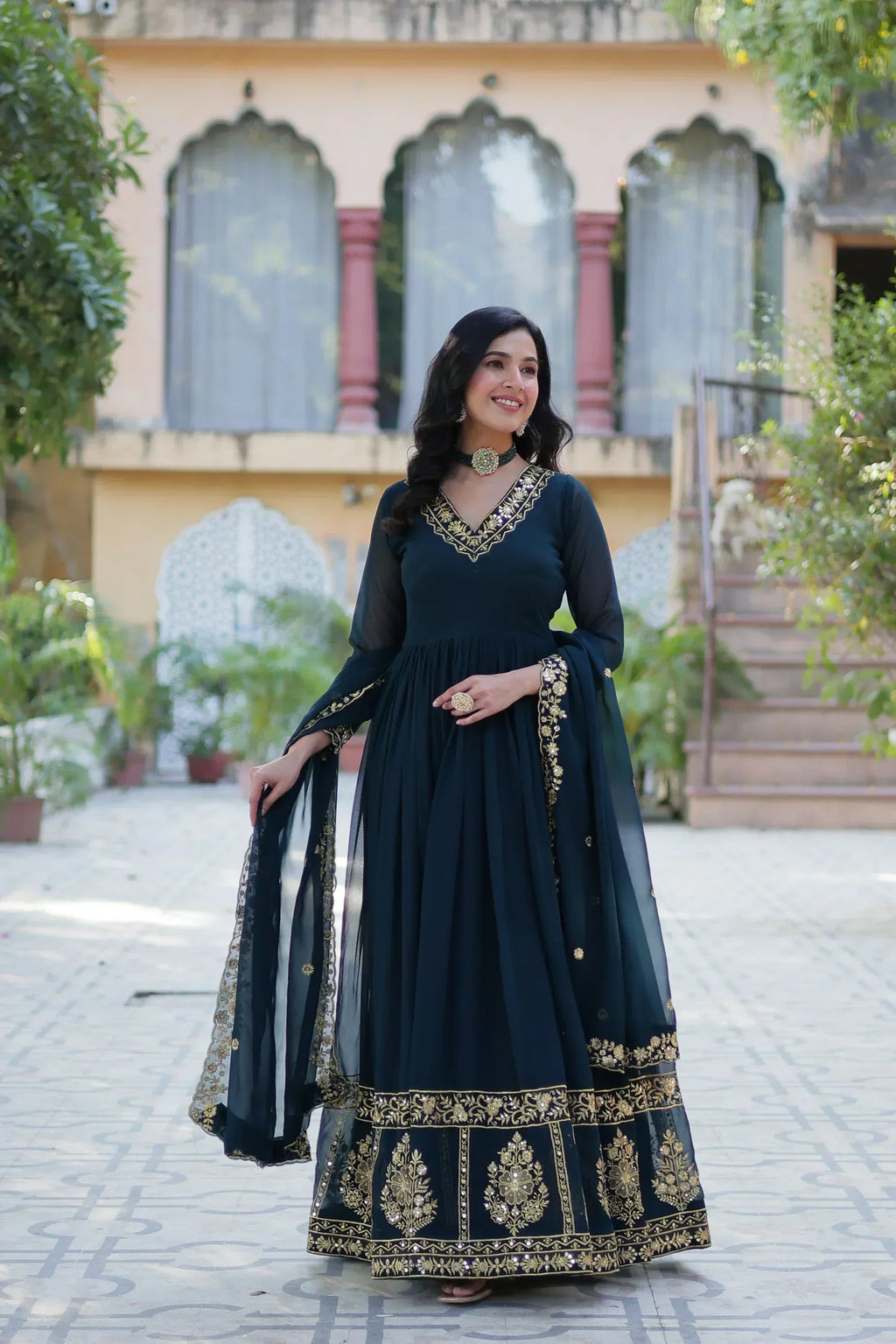 WEDDING SPECIAL FAUX BLOOMING GEORGETTE EMBROIDERED GOWN WITH DUPATTAPFAB1112)