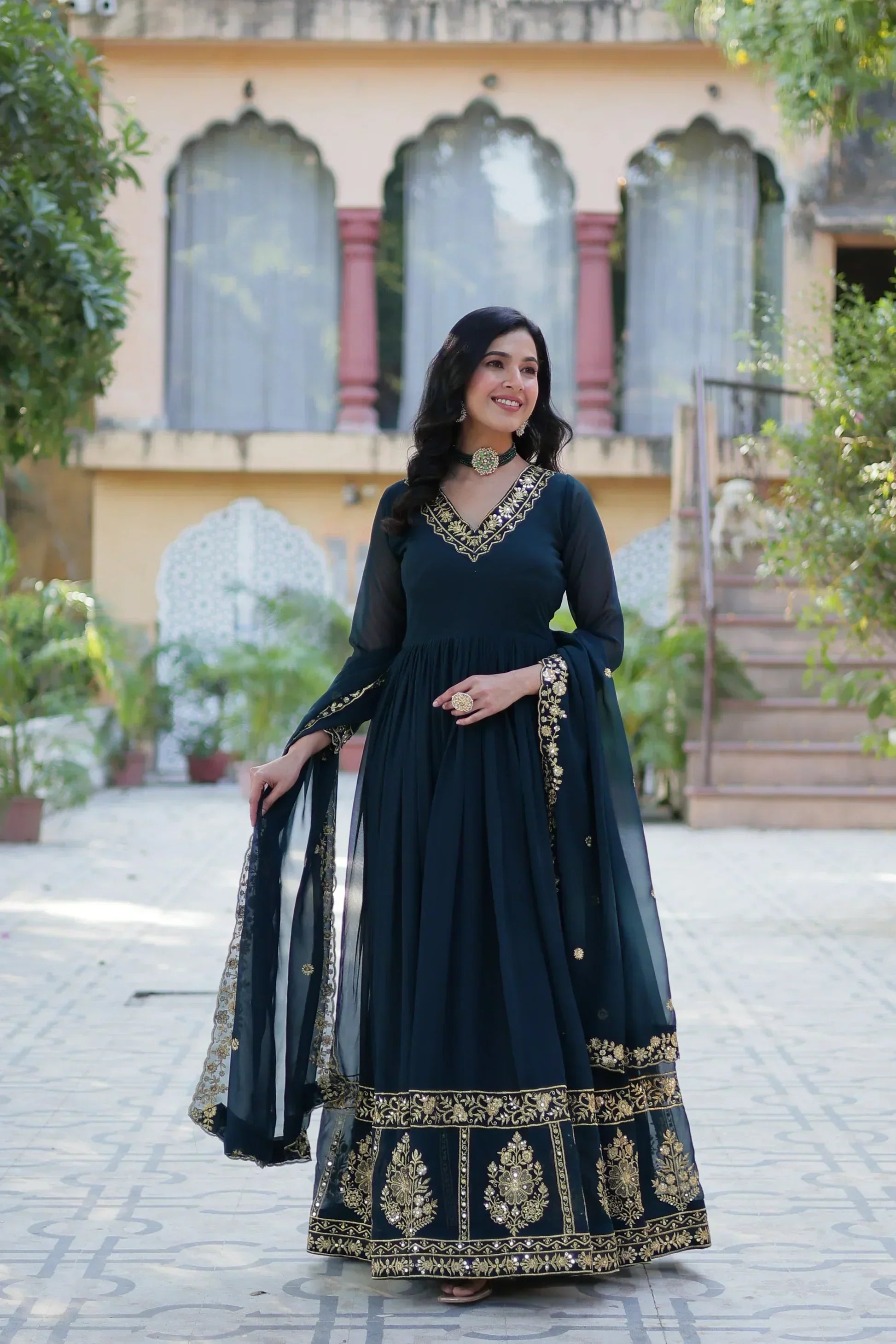 WEDDING SPECIAL FAUX BLOOMING GEORGETTE EMBROIDERED GOWN WITH DUPATTAPFAB1112)