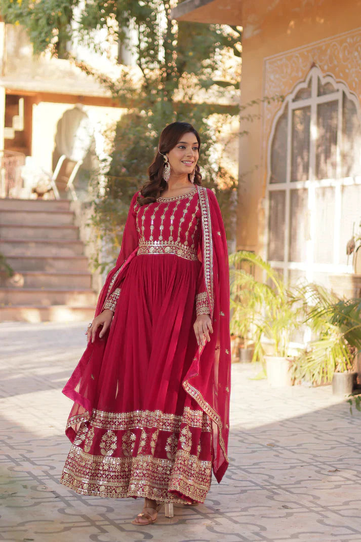 WEDDING SPECIAL GEORGETTE SEQUENCE EMBROIDERED GOWN WITH DUPATTA PFAB1107) (01)
