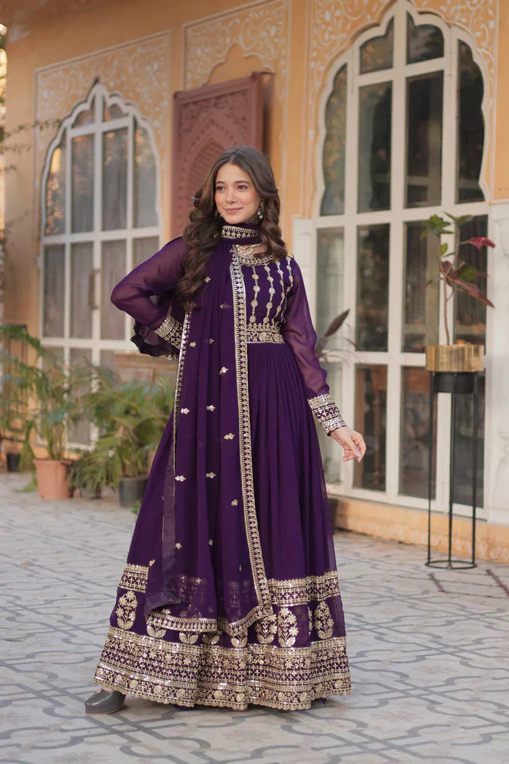 WEDDING SPECIAL GEORGETTE SEQUENCE EMBROIDERED GOWN WITH DUPATTA PFAB1107) (02)