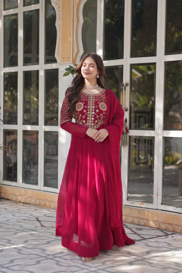 BLOOMING GEORGETTE EMBROIDERED GOWN WITH DUPATTAPFAB198)
