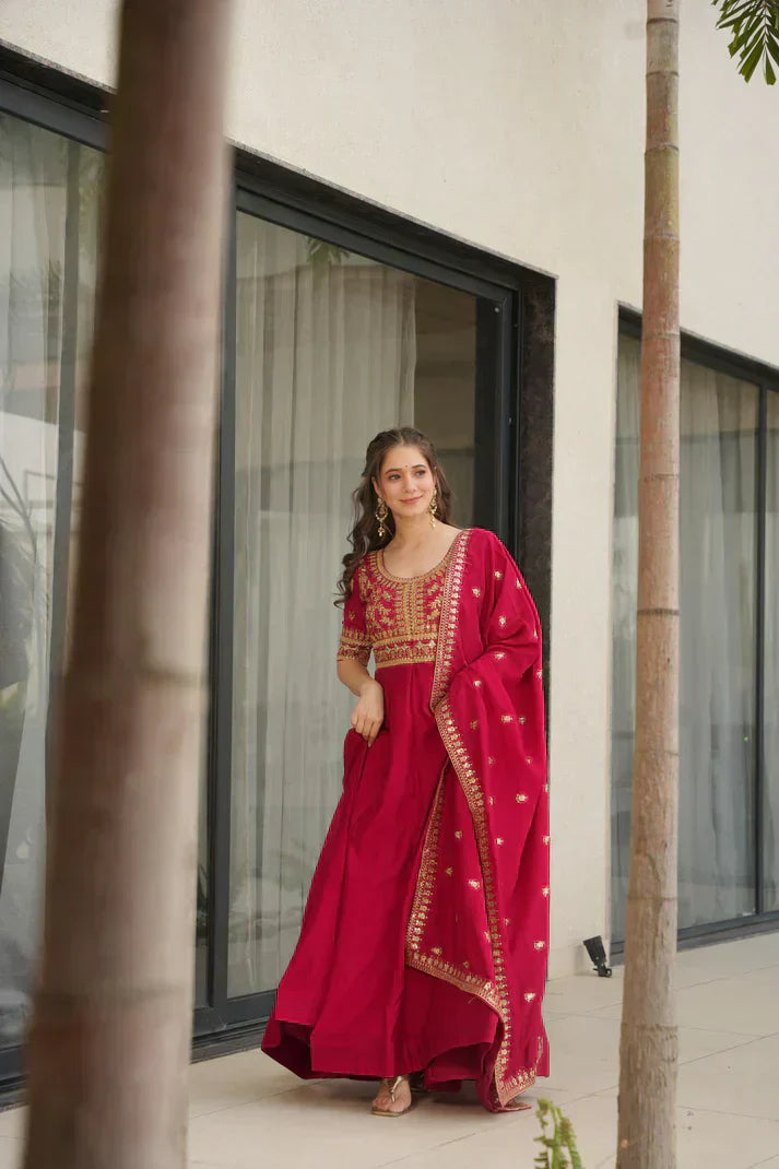 VICHITRA SILK SEQUANCE EMBROIDERED GOWN WITH DUPATTAPFAB181)