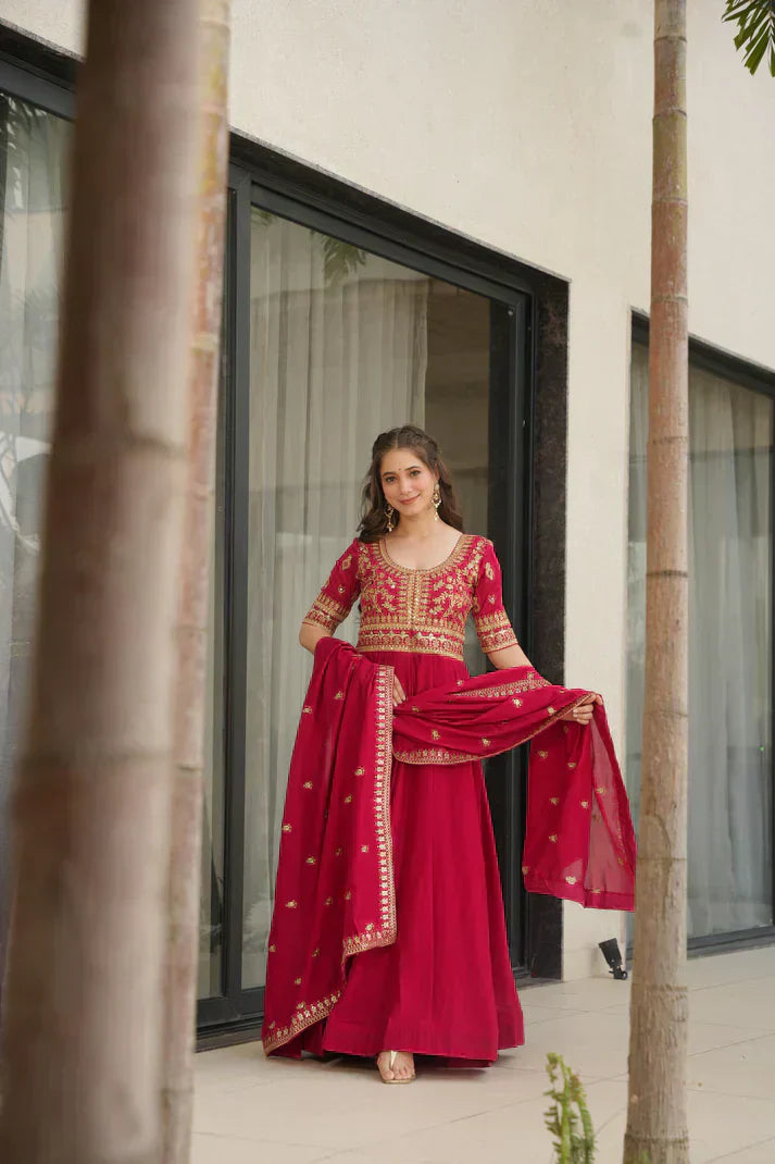 VICHITRA SILK SEQUANCE EMBROIDERED GOWN WITH DUPATTAPFAB181)