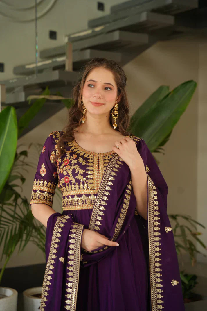 VICHITRA SILK SEQUANCE EMBROIDERED GOWN WITH DUPATTAPFAB181) (01)