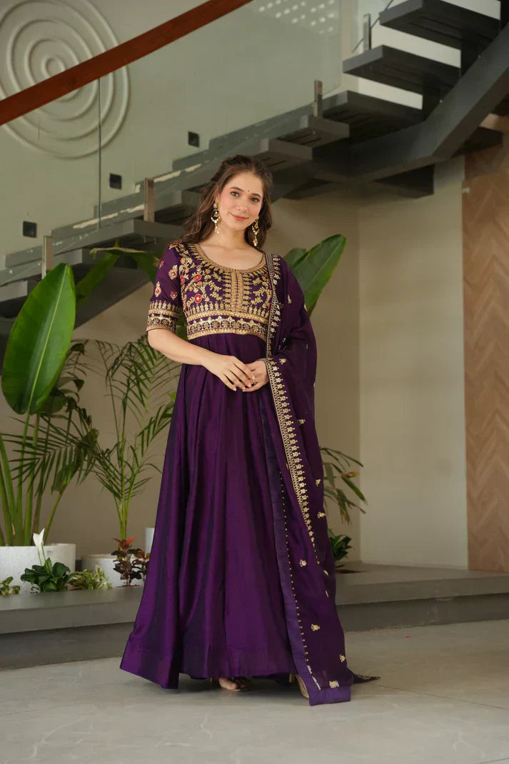 VICHITRA SILK SEQUANCE EMBROIDERED GOWN WITH DUPATTAPFAB181) (01)