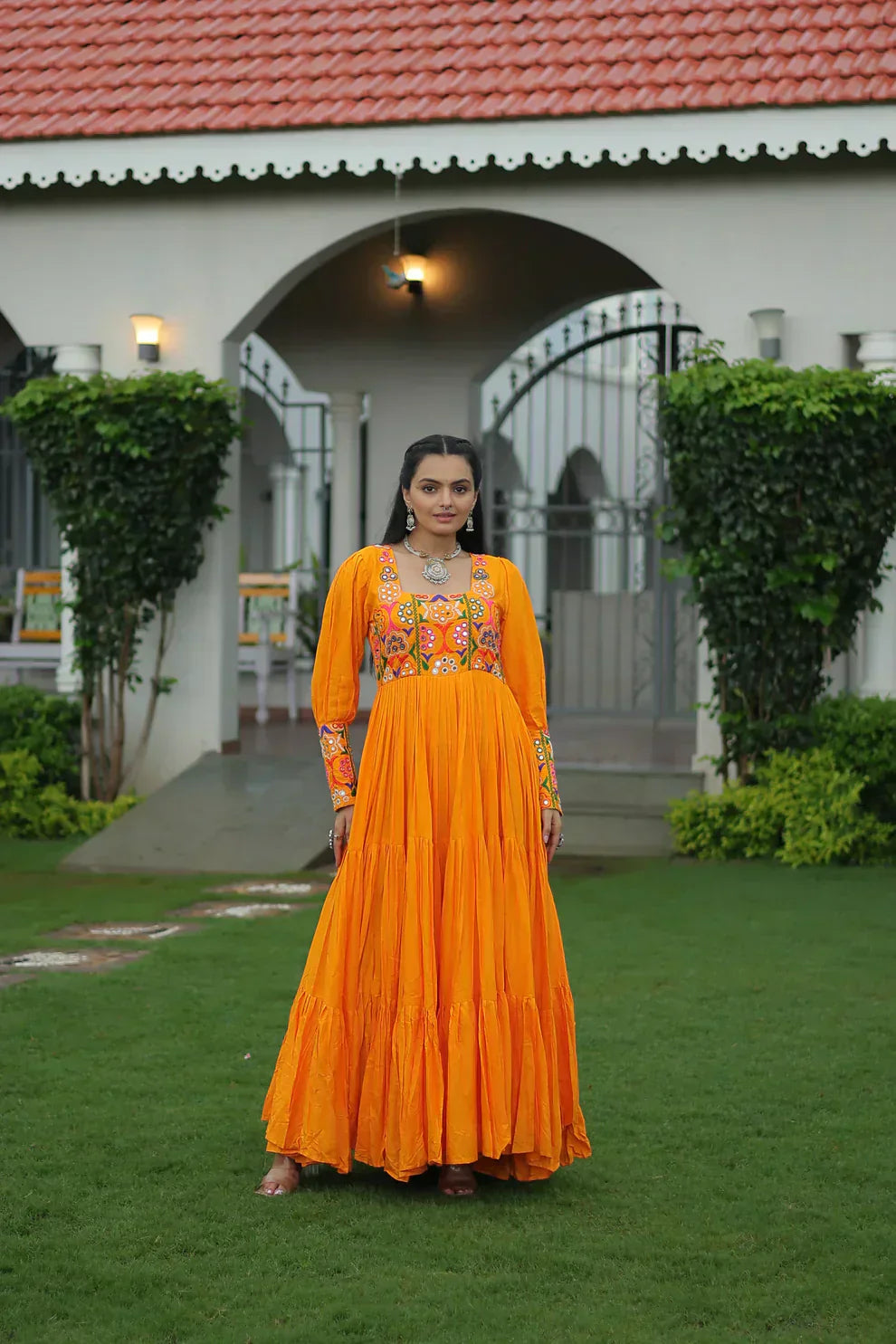 NAVRATRI SPECIAL GAMTHI KUTCHI WORK RAYON GOWN PFAB1182)