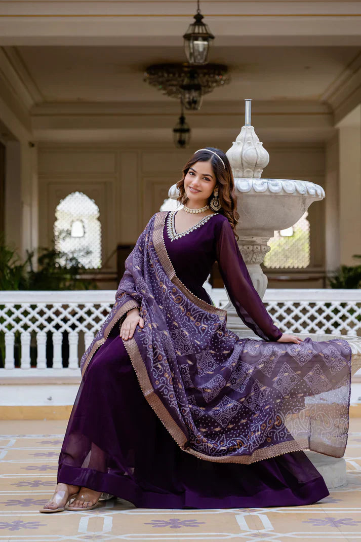 PEARL HANDWORK GOWN WITH PRINTED JEQUARD BORDER DUPATTAPFAB177)