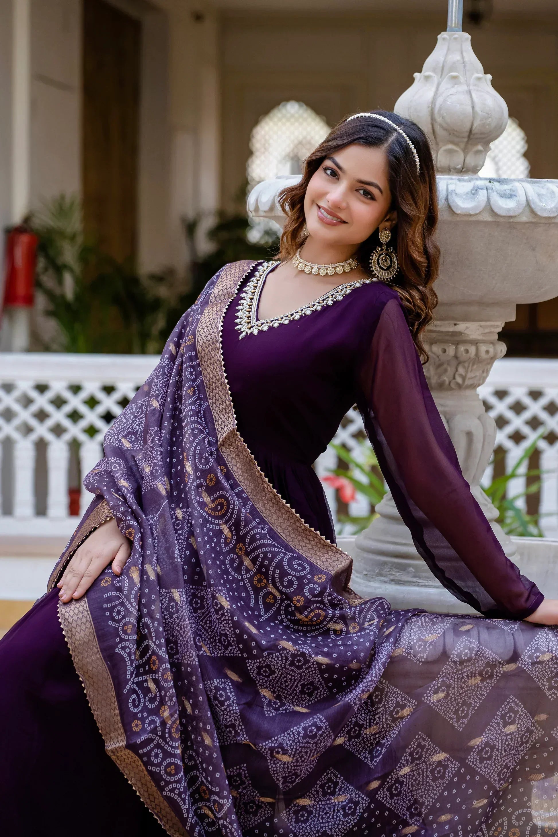 PEARL HANDWORK GOWN WITH PRINTED JEQUARD BORDER DUPATTAPFAB104)