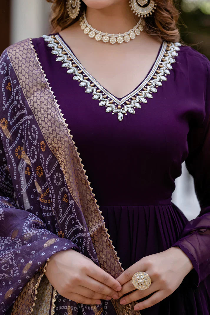 PEARL HANDWORK GOWN WITH PRINTED JEQUARD BORDER DUPATTAPFAB177)