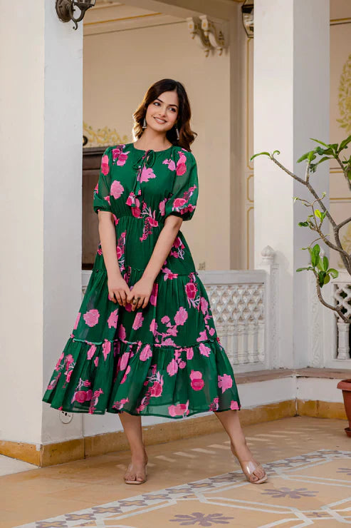 GREEN FAUX GEORGETTE FLORAL PRINT FLAIRED DRESSPFAB170)