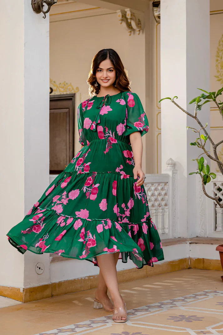 GREEN FAUX GEORGETTE FLORAL PRINT FLAIRED DRESSPFAB170)
