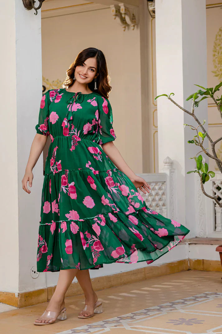GREEN FAUX GEORGETTE FLORAL PRINT FLAIRED DRESSPFAB170)