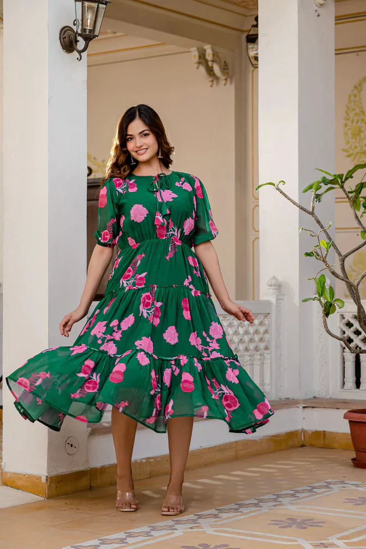 GREEN FAUX GEORGETTE FLORAL PRINT FLAIRED DRESSPFAB170)