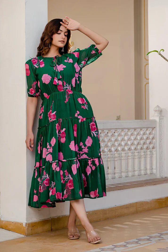 GREEN FAUX GEORGETTE FLORAL PRINT FLAIRED DRESSPFAB170)