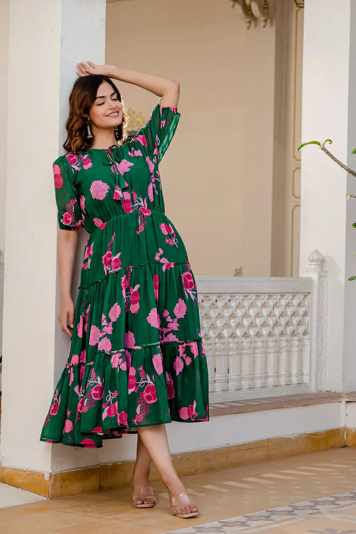 GREEN FAUX GEORGETTE FLORAL PRINT FLAIRED DRESSPFAB170)
