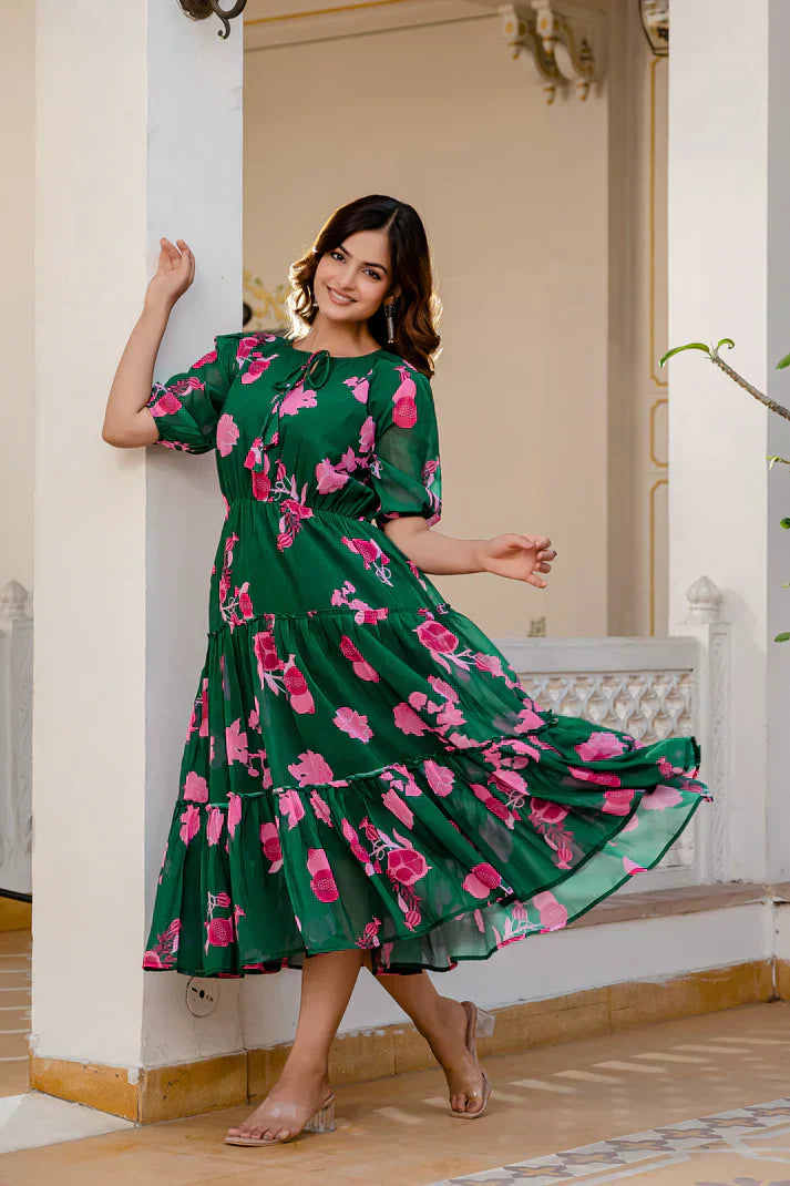 GREEN FAUX GEORGETTE FLORAL PRINT FLAIRED DRESSPFAB170)