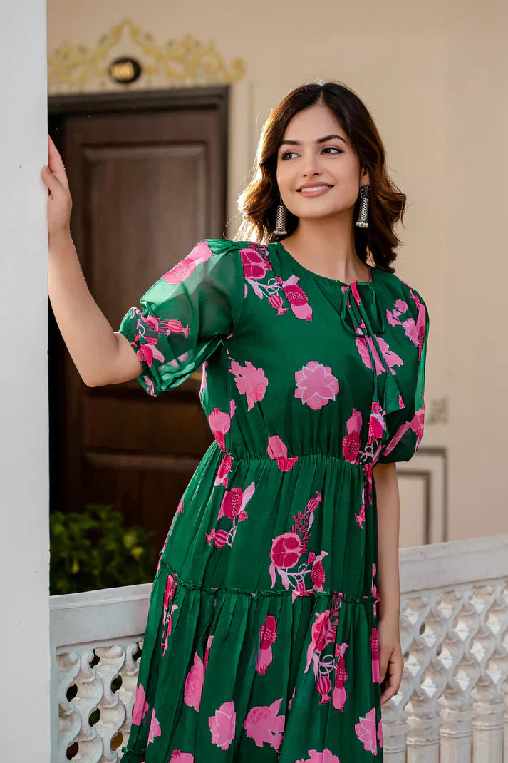 GREEN FAUX GEORGETTE FLORAL PRINT FLAIRED DRESSPFAB170)