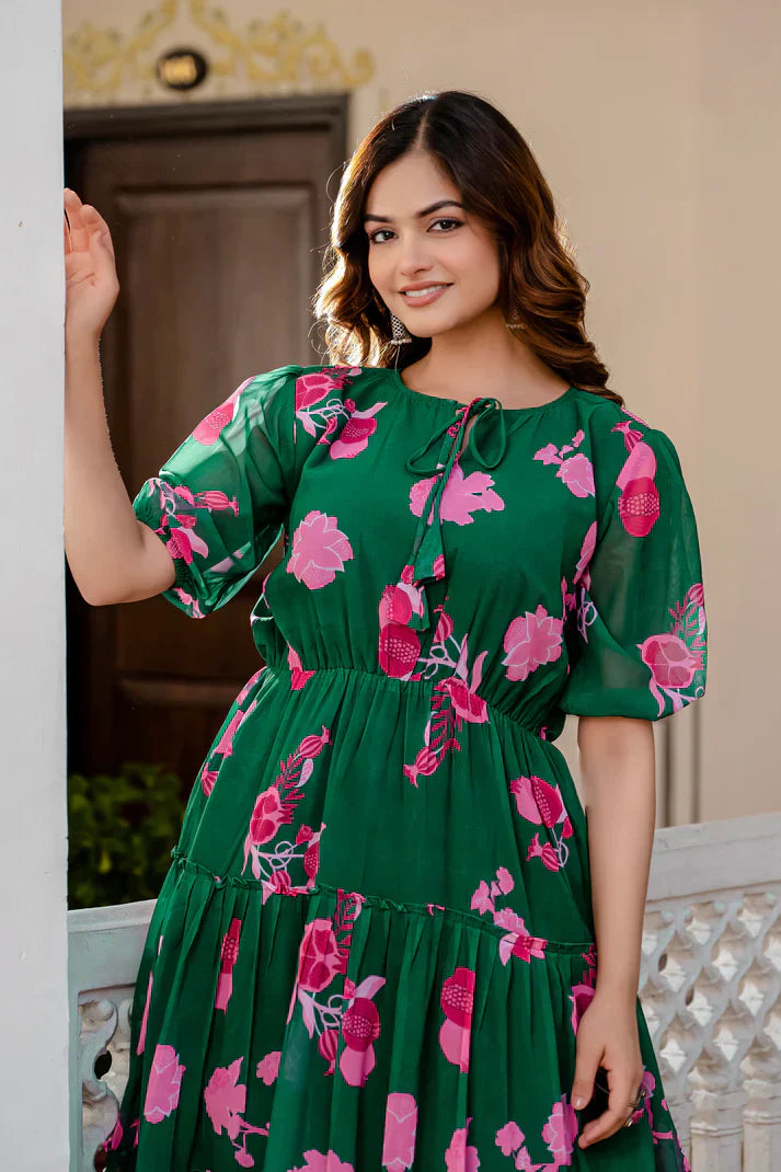 GREEN FAUX GEORGETTE FLORAL PRINT FLAIRED DRESSPFAB170)