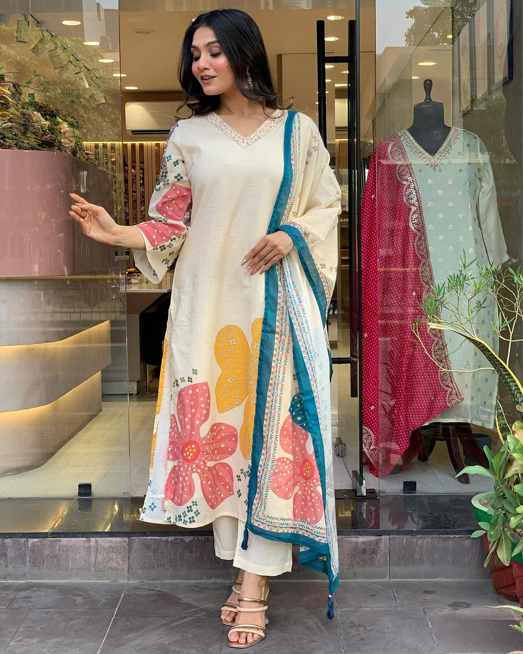Launching Summer Cool, Comfortable And Attractive Softest Muslin Suit Set Which Is Beautifully Decorated With Hand Embroidery And Thread Work. It Is Paired With Matching Pants And Dupatta(PFAB118)