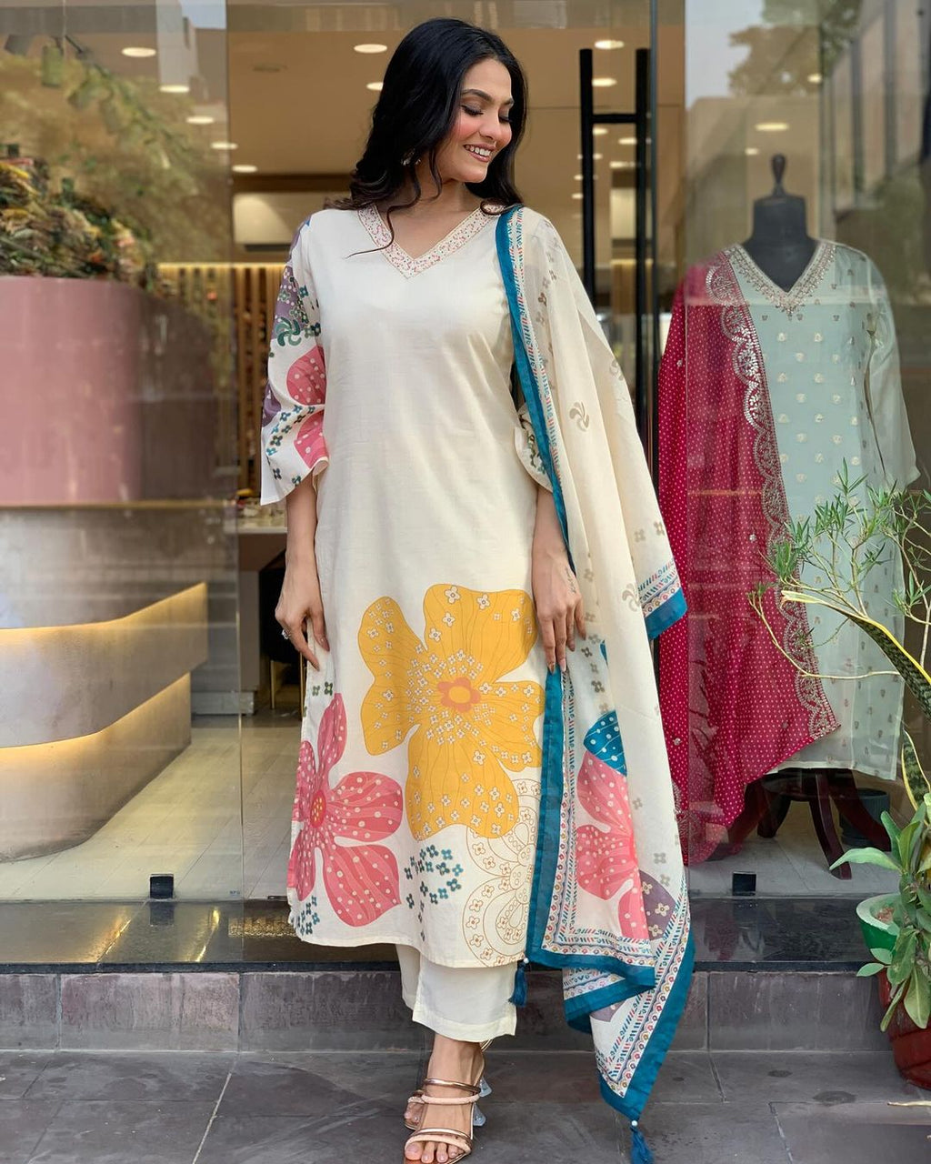 Launching Summer Cool, Comfortable And Attractive Softest Muslin Suit Set Which Is Beautifully Decorated With Hand Embroidery And Thread Work. It Is Paired With Matching Pants And Dupatta(PFAB118)