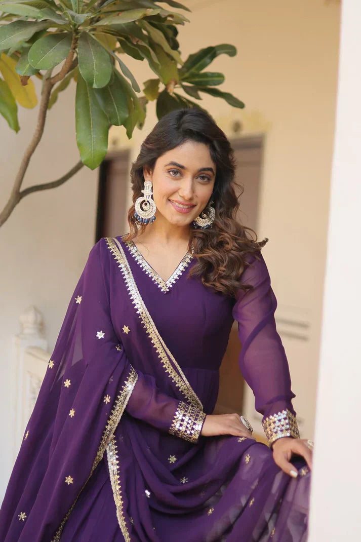 Faux Blooming Gown with Dupatta With Attractive Embroidered Sequins work.PFAB132)(02)