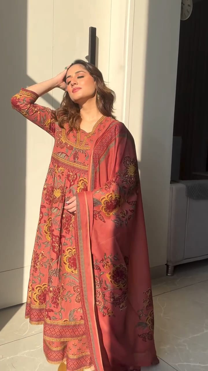 Premium cotton Anarkali suit set with hand work detailing on yoke paired with matching pant and full dupatta