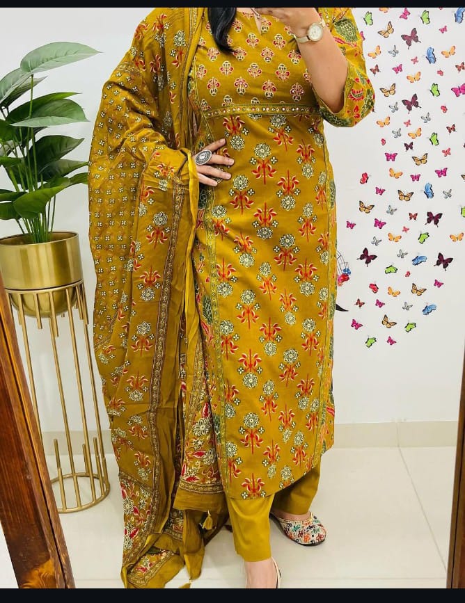 🌹🌹Pure fine Cotton fabric hand Work Kurti with Pant with cotton 100-100 Dupatta🌹🌹(PFAB1438)