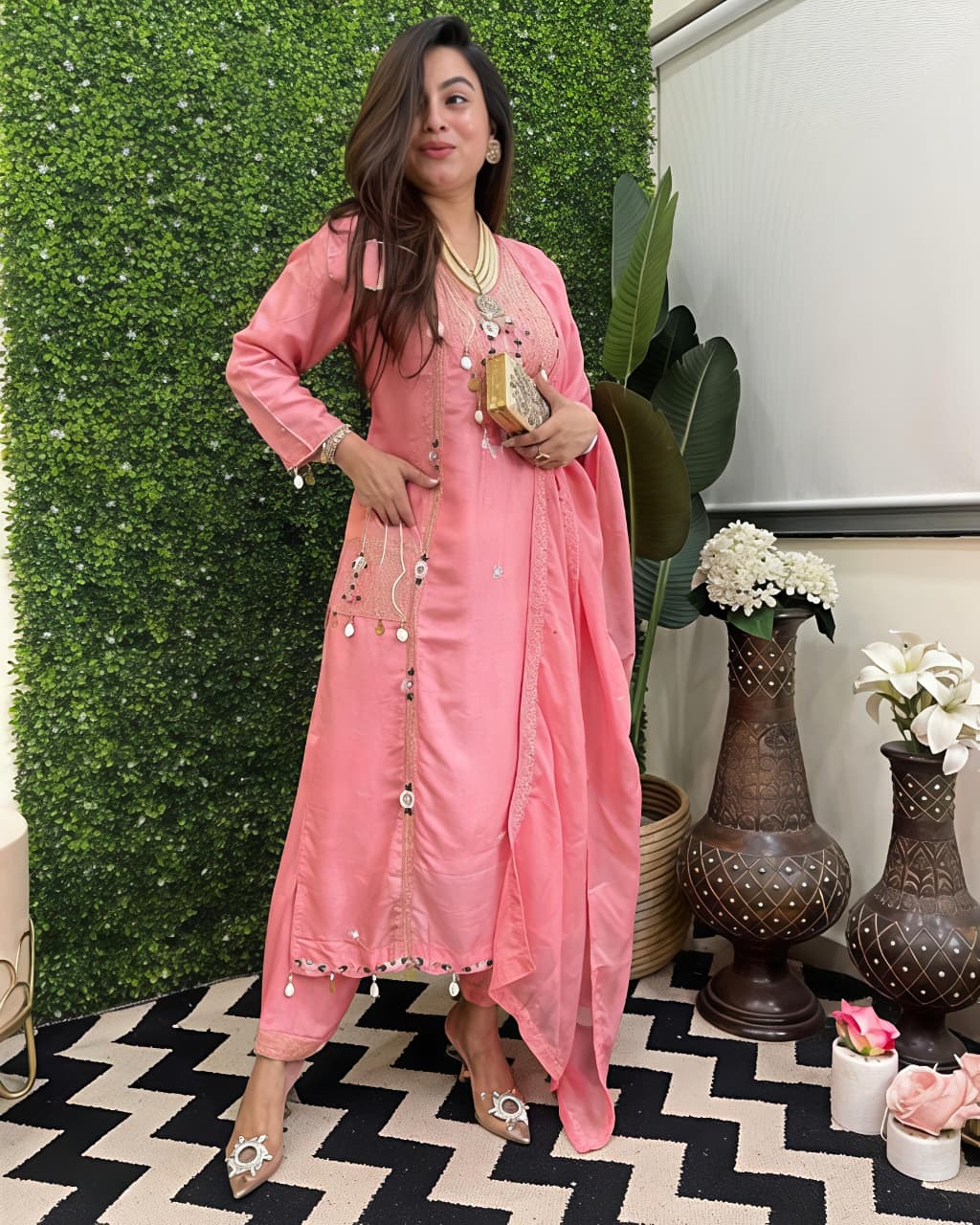 Featuring beautifully Crafted Pure Roman Silk Suits in beautiful Colours, which are decorated with finest sequence & Cowry Embroidery Work (RRRD02)