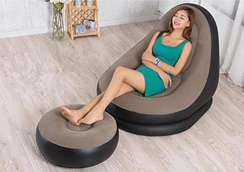 Inflatable Lounge Chair with Ottoman Blow Up Chaise Lounge Air Lazy Sofa Set for Indoor/Outdoor - salesmania