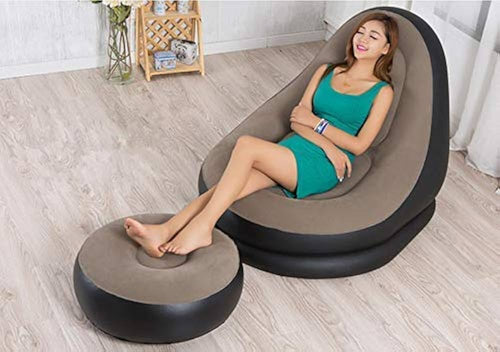 Inflatable Lounge Chair with Ottoman Blow Up Chaise Lounge Air Lazy Sofa Set for Indoor/Outdoor - salesmania